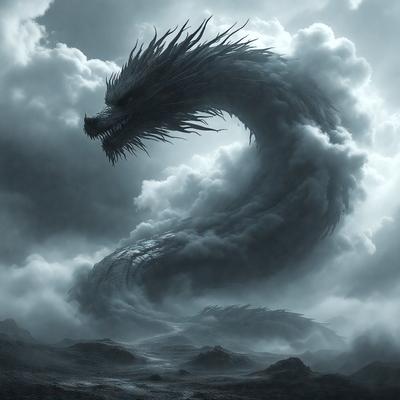 Primary subject: A dragon with a long neck and sharp teeth, flying through the sky.

Setting/background: The dragon is flying through a cloudy sky, with a mountainous landscape visible in the background.

Visual style: The image is a digital art illustration, featuring a detailed and intricate dragon design.

Colors and mood: The dragon is predominantly white, with darker accents on its wings and neck. The overall atmosphere is dramatic and captivating, as